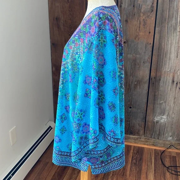 Belle Kim Gravel v neck shear printed boho kimono sleeve pull over poncho Sz Xl - Picture 4 of 9